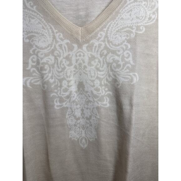 Talbots Beige Fine Merino Wool V Neck Paisley Swater Womens Size Large NWOT - Picture 2 of 5